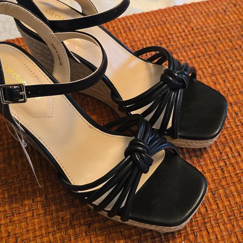 LIZ CLAIBORNE WOMEN'S BLACK WEDGE SUMMER MEMORY FOAM HEELSS SIZE 6.5